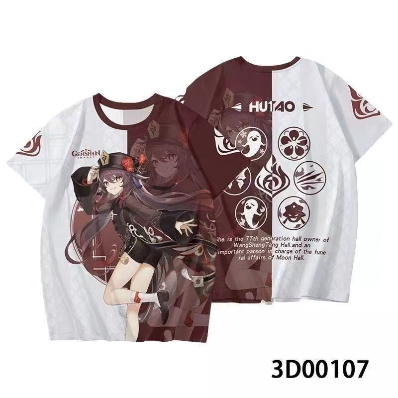 Genshin Impact 3D Print Anime T‑Shirt Nahida Zhongli Hu Tao Klee Raiden Shogun Ayaka